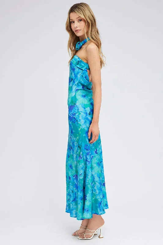 Blue Floral Bandeau Strapless Maxi Dress Rosette Choker