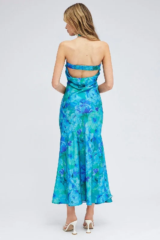 Blue Floral Bandeau Strapless Maxi Dress Rosette Choker