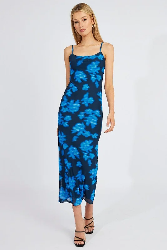 Blue Floral Bodycon Maxi Dress Mesh