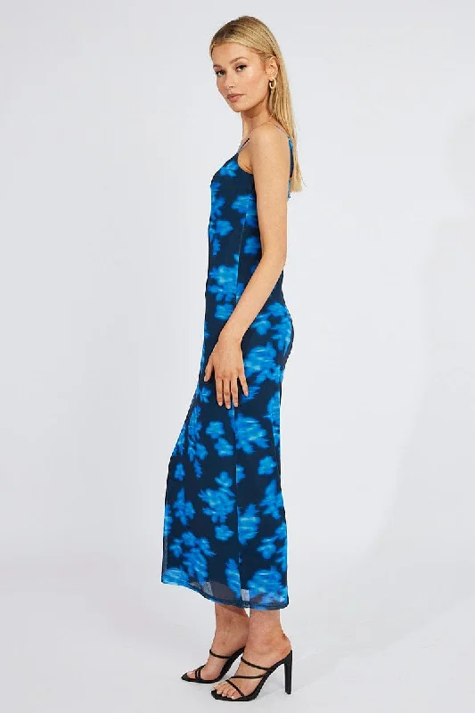 Blue Floral Bodycon Maxi Dress Mesh