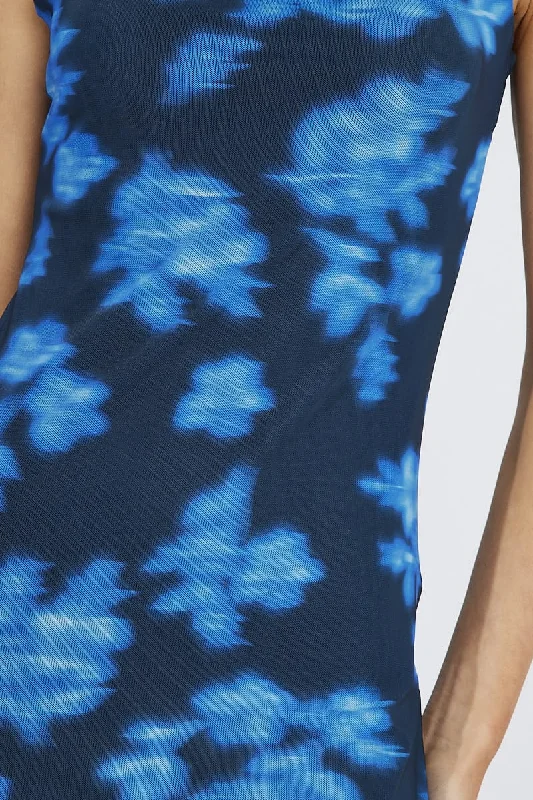 Blue Floral Bodycon Maxi Dress Mesh