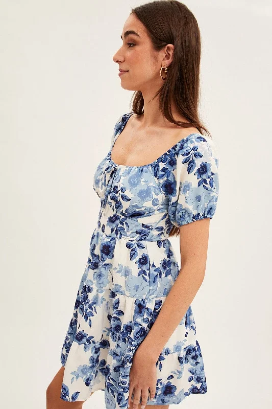 Blue Floral Fit And Flare Dress Short Sleeve Round Neck