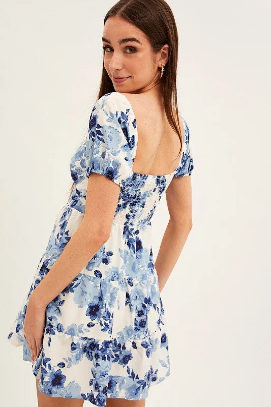 Blue Floral Fit And Flare Dress Short Sleeve Round Neck