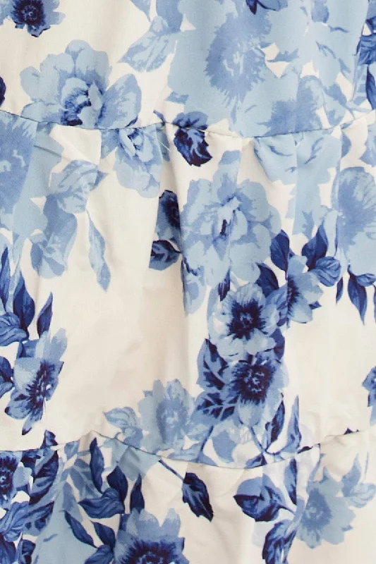 Blue Floral Fit And Flare Dress Short Sleeve Round Neck