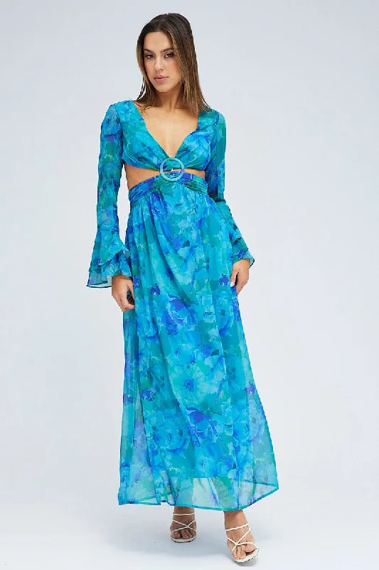 Blue Floral Maxi Dress Flared Sleeve Ring Detail Chiffon