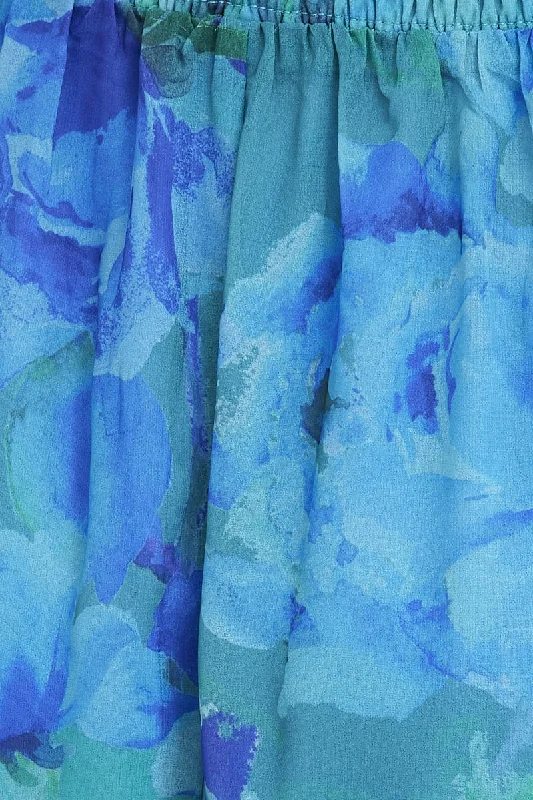 Blue Floral Maxi Dress Flared Sleeve Ring Detail Chiffon