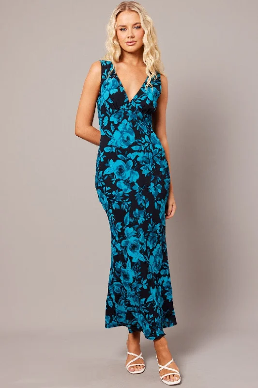 Blue Floral Maxi Dress V-Neck Sleevelss