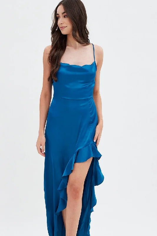 Blue Ruffle Maxi Satin Cowl Neck Dress