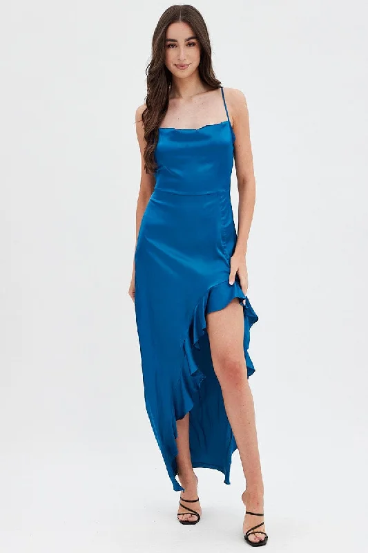 Blue Ruffle Maxi Satin Cowl Neck Dress