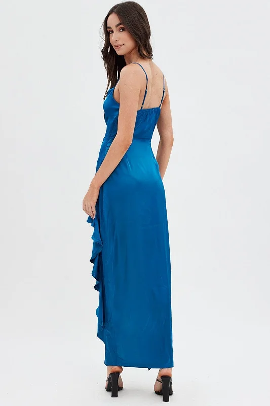 Blue Ruffle Maxi Satin Cowl Neck Dress