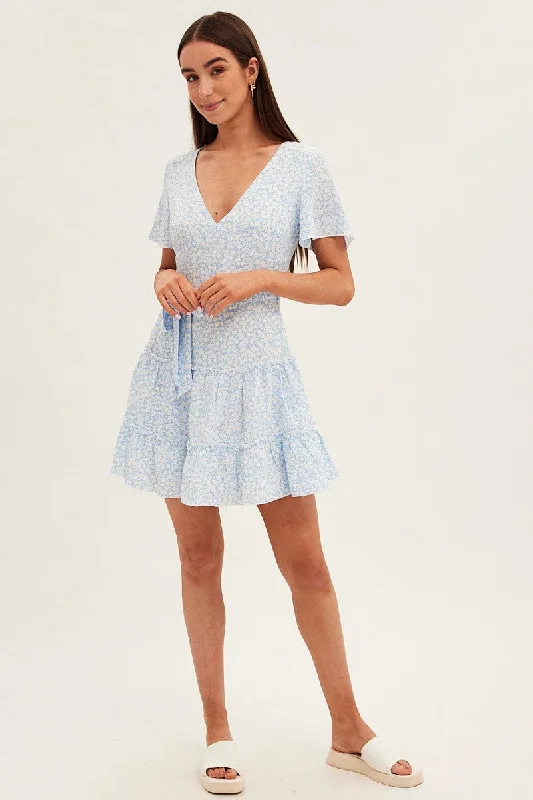 Blue Floral Skater Dress Short Sleeve V Neck Frill Hem Floral