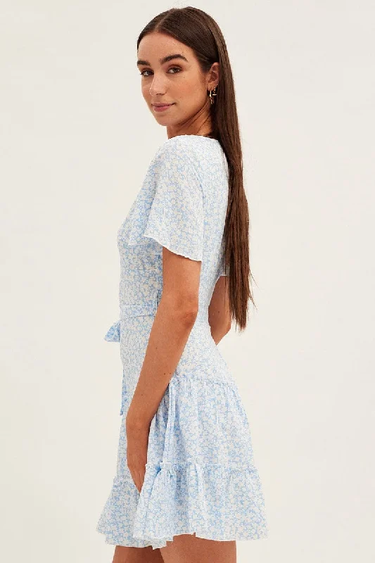 Blue Floral Skater Dress Short Sleeve V Neck Frill Hem Floral