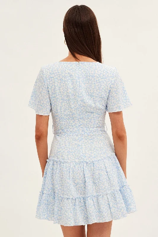 Blue Floral Skater Dress Short Sleeve V Neck Frill Hem Floral