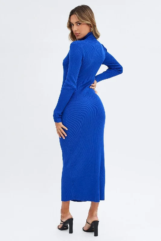 Blue Knit Dress Long Sleeve High Neck Cut Out