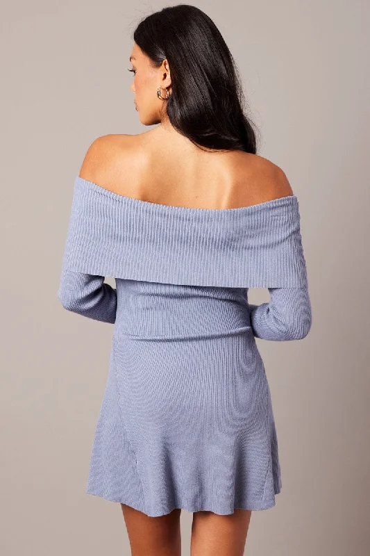 Blue Knit Dress Long Sleeve Off Shoulder