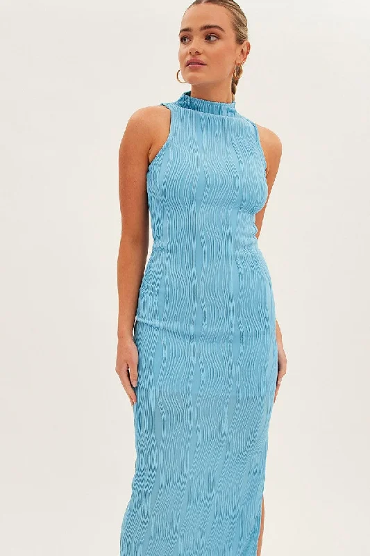 Blue Maxi Dress High Neck Sleeveless