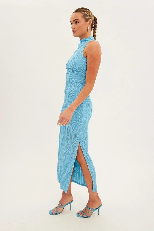 Blue Maxi Dress High Neck Sleeveless