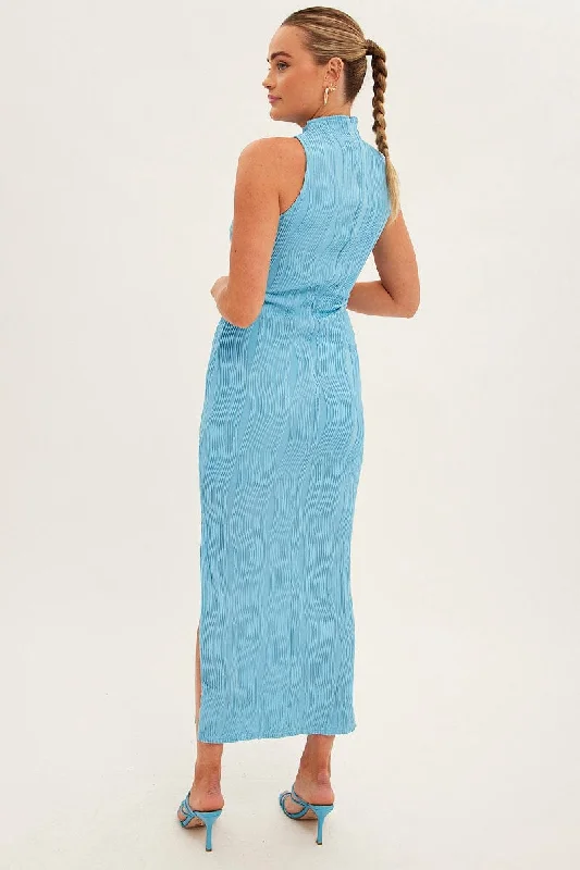 Blue Maxi Dress High Neck Sleeveless