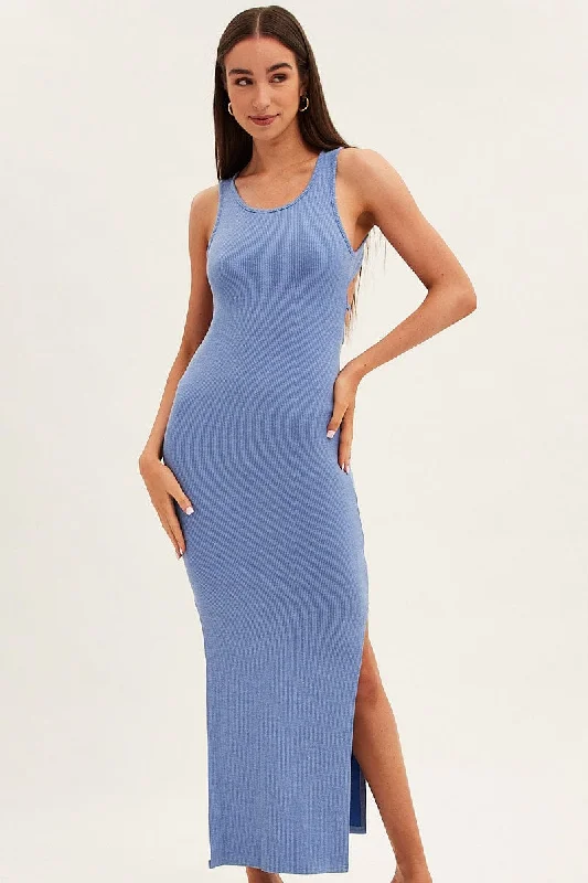 Blue Maxi Dress Sleeveless Bodycon Rib