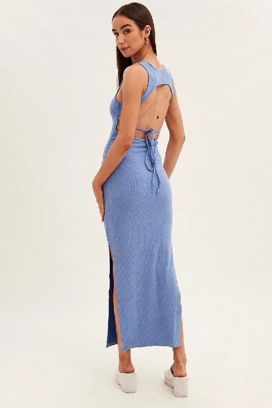 Blue Maxi Dress Sleeveless Bodycon Rib