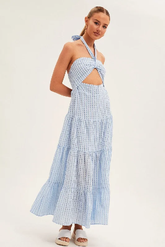 Blue Maxi Dress Tiered Halter