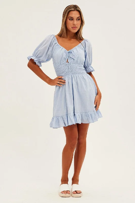 Blue Mini Dress Fit & Flare Puff Sleeve V-Neck