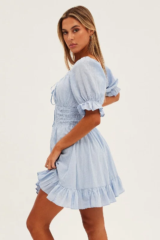 Blue Mini Dress Fit & Flare Puff Sleeve V-Neck