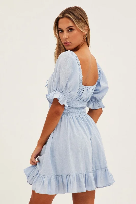 Blue Mini Dress Fit & Flare Puff Sleeve V-Neck