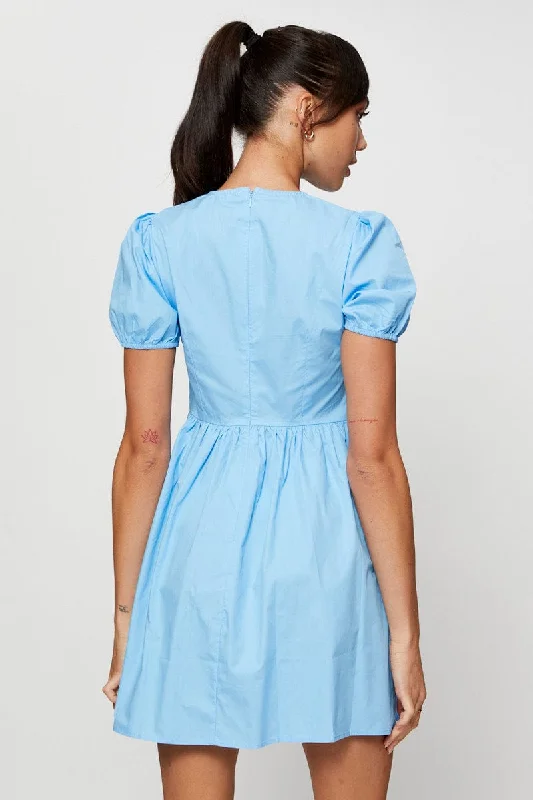 Blue Mini Dress Short Sleeve Round Neck