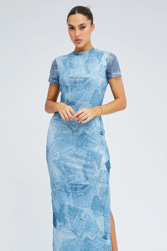 Blue Print Maxi Dress Short Sleeve Crew Neck Bodycon Mesh