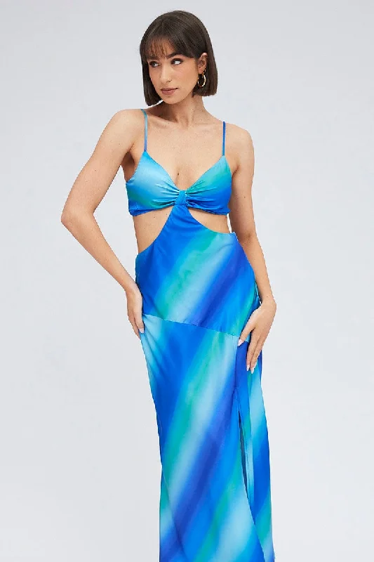 Blue Print Strappy Dress Maxi Ombre Cut Out Satin