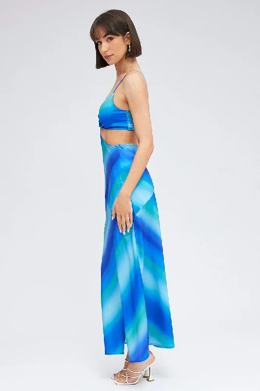 Blue Print Strappy Dress Maxi Ombre Cut Out Satin