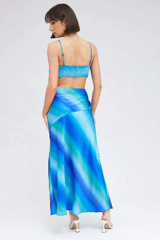 Blue Print Strappy Dress Maxi Ombre Cut Out Satin