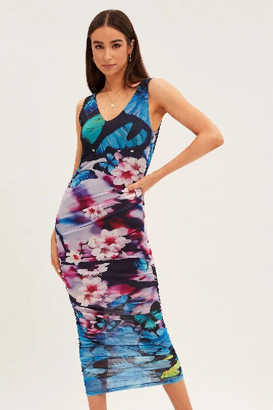 Blue Printed Dress Butterfly And Flower Ruched Bodycon