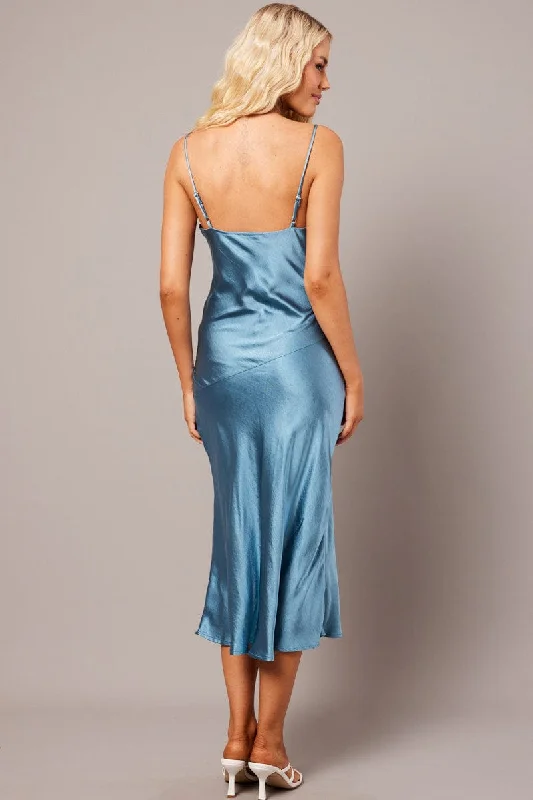 Blue Satin Dress Cocktail Split Side Strappy