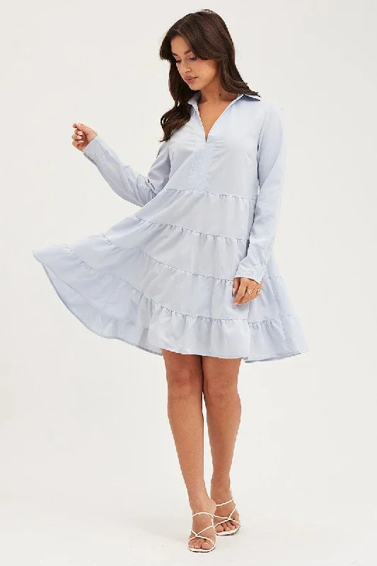 Blue Skater Dress Long Sleeve Mini