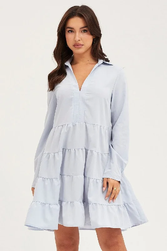 Blue Skater Dress Long Sleeve Mini