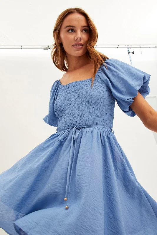 Blue Skater Dress Short Sleeve Round Neck Shirring