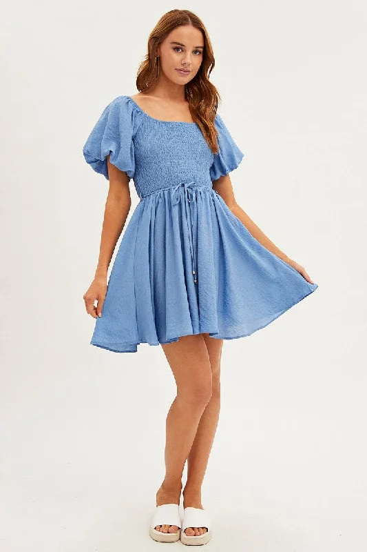 Blue Skater Dress Short Sleeve Round Neck Shirring