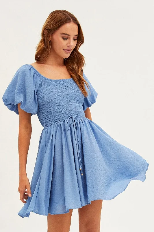 Blue Skater Dress Short Sleeve Round Neck Shirring