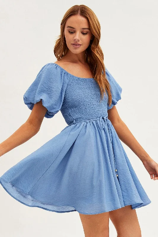 Blue Skater Dress Short Sleeve Round Neck Shirring