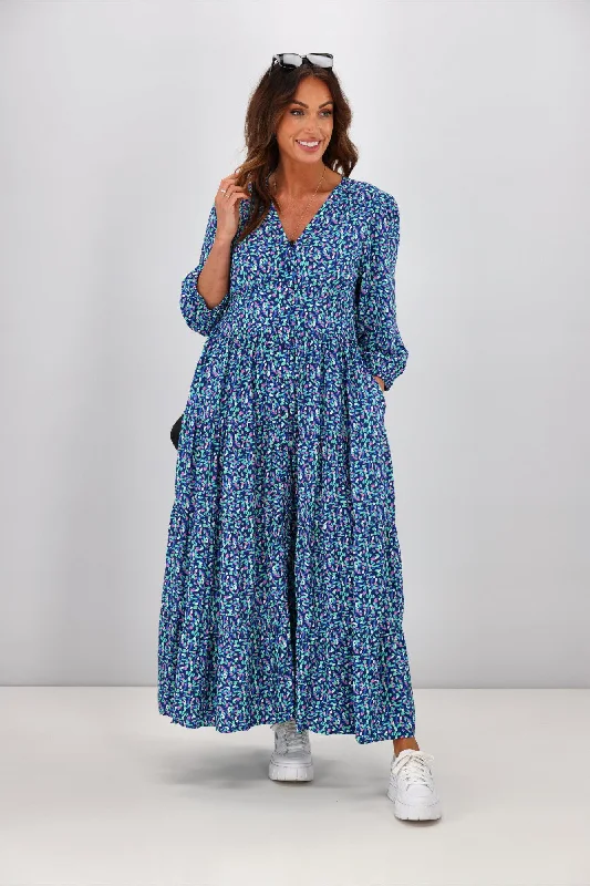 Boho Australia Kurt Midi Dress Blue Multi Print