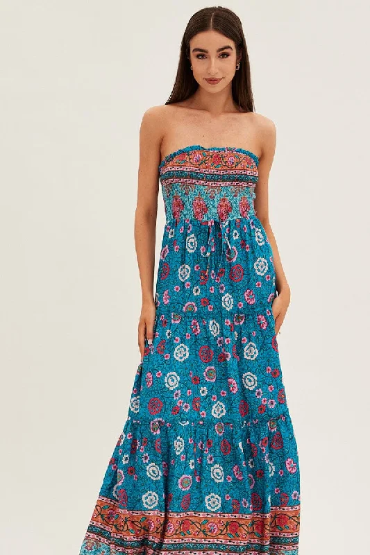 Boho Print Maxi Dress Bandeau Sun Dress