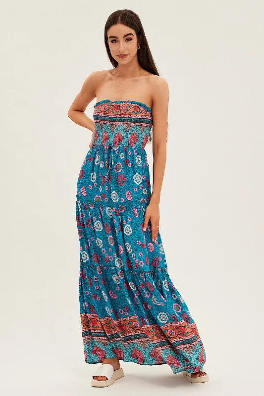 Boho Print Maxi Dress Bandeau Sun Dress