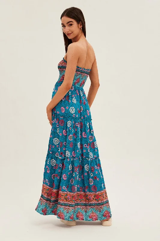 Boho Print Maxi Dress Bandeau Sun Dress