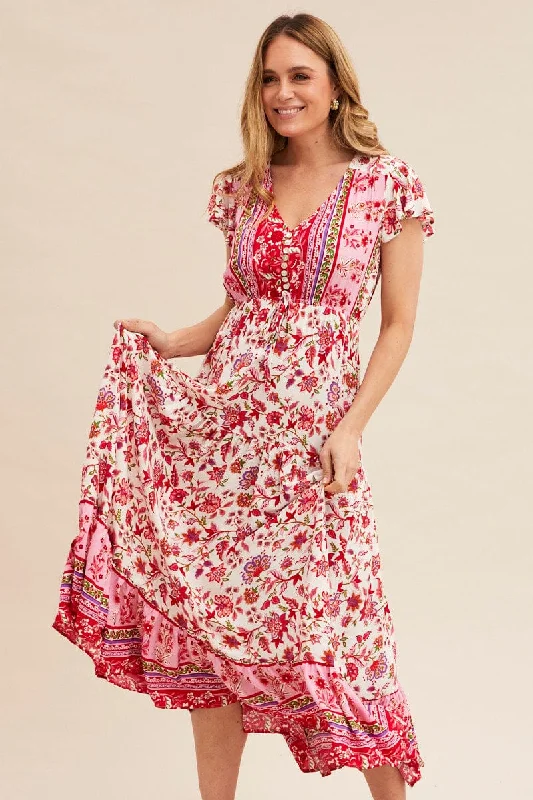 Boho Print Maxi Dress Short Sleeve V-Neck