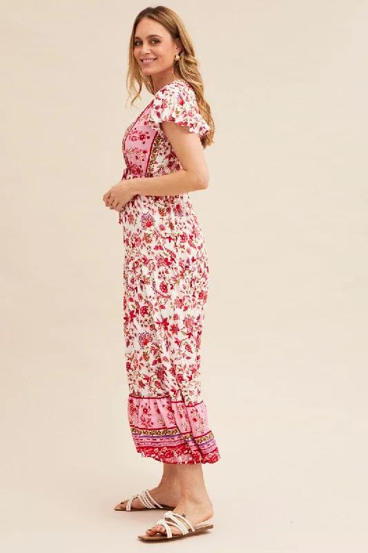 Boho Print Maxi Dress Short Sleeve V-Neck