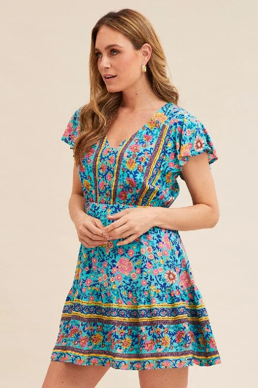 Boho Print Short Sleeve Button Front Skater Dress