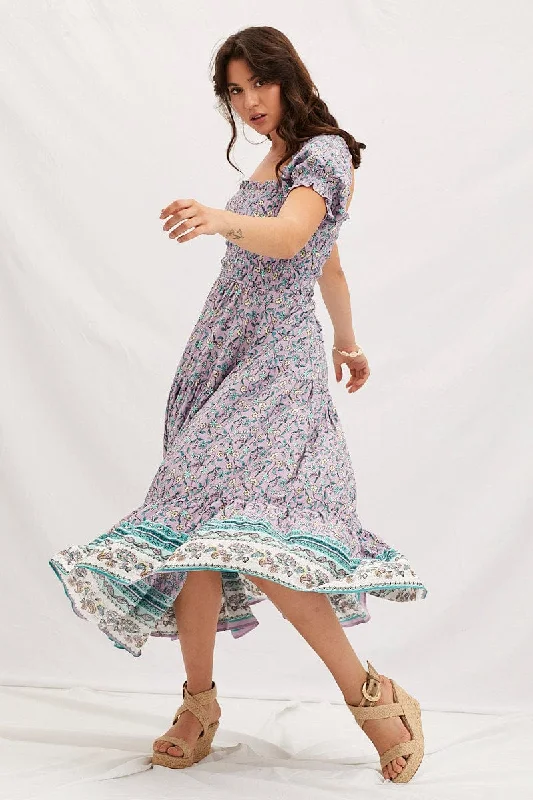 Boho Print Square Neck Puff Sleeve Maxi Dress