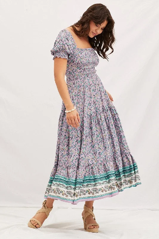 Boho Print Square Neck Puff Sleeve Maxi Dress